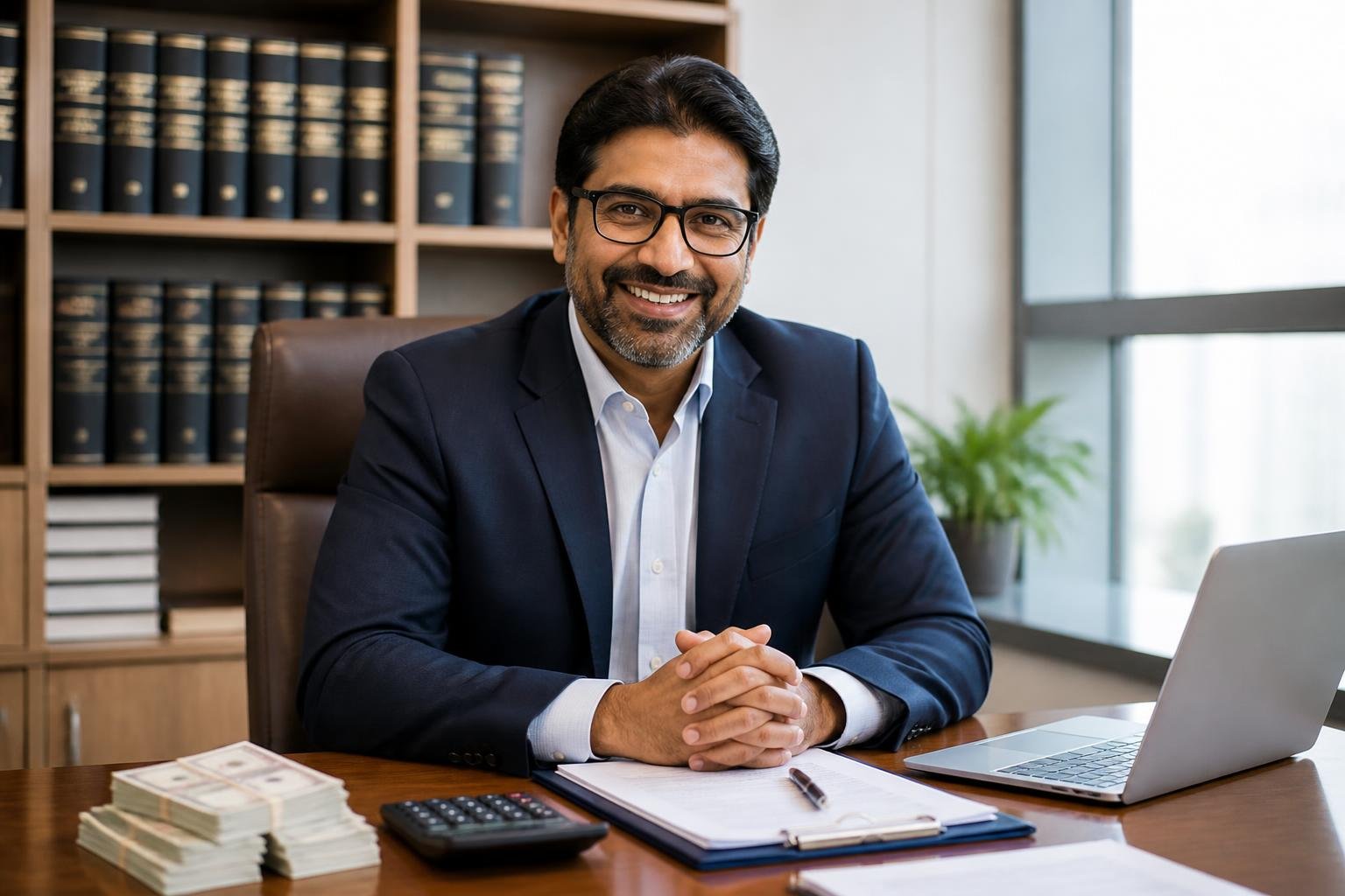 A professional loan officer sitting at a desk with financial documents, a calculator and currency notes.