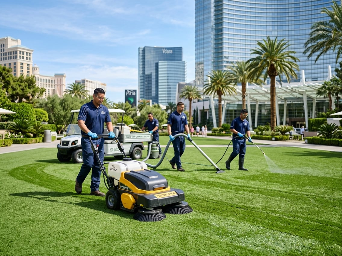 Workers cleaning green turf with specialized equipment outside a hotel or resort in Las Vegas.