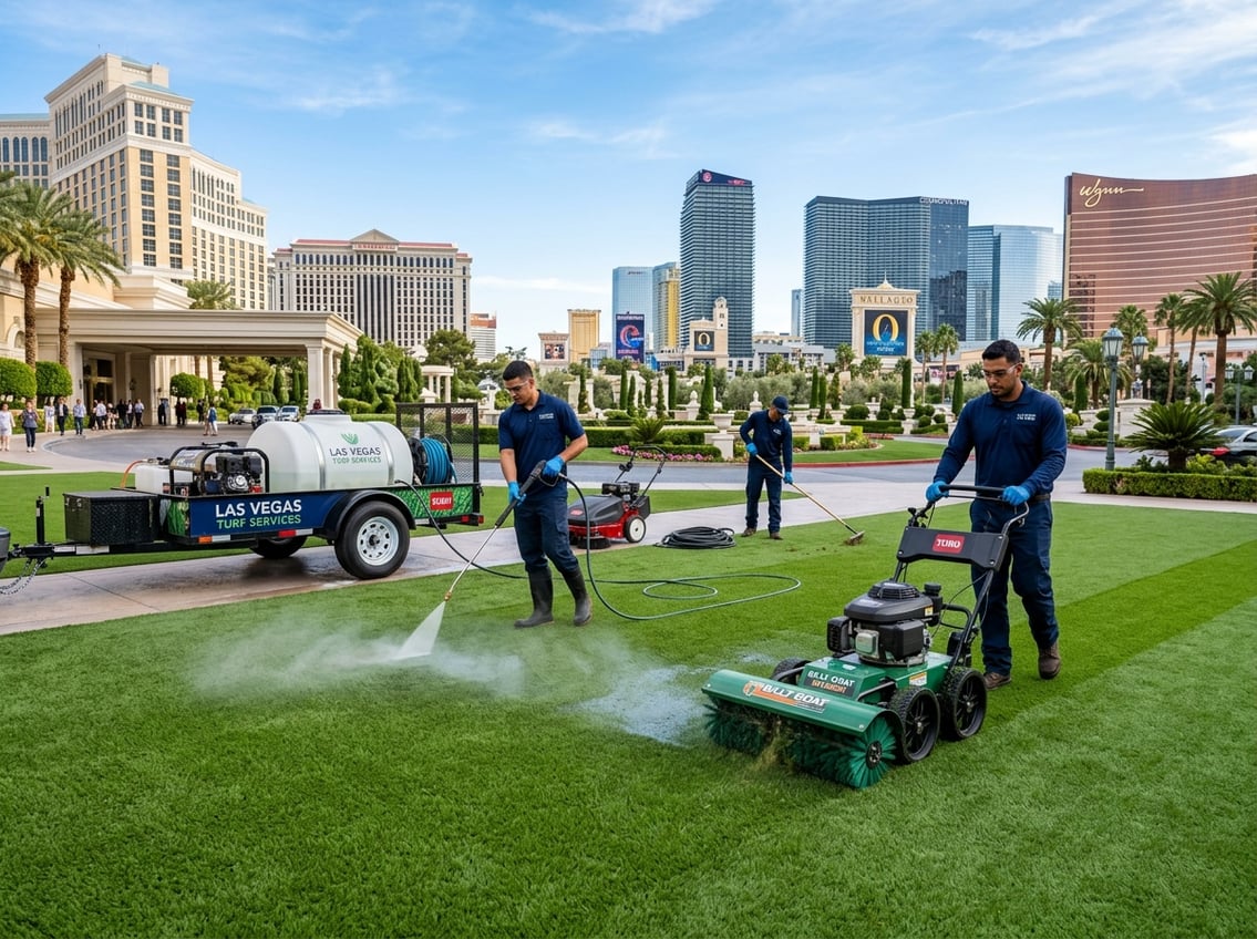 Workers cleaning green turf with equipment outside luxury hotels and resorts in Las Vegas.