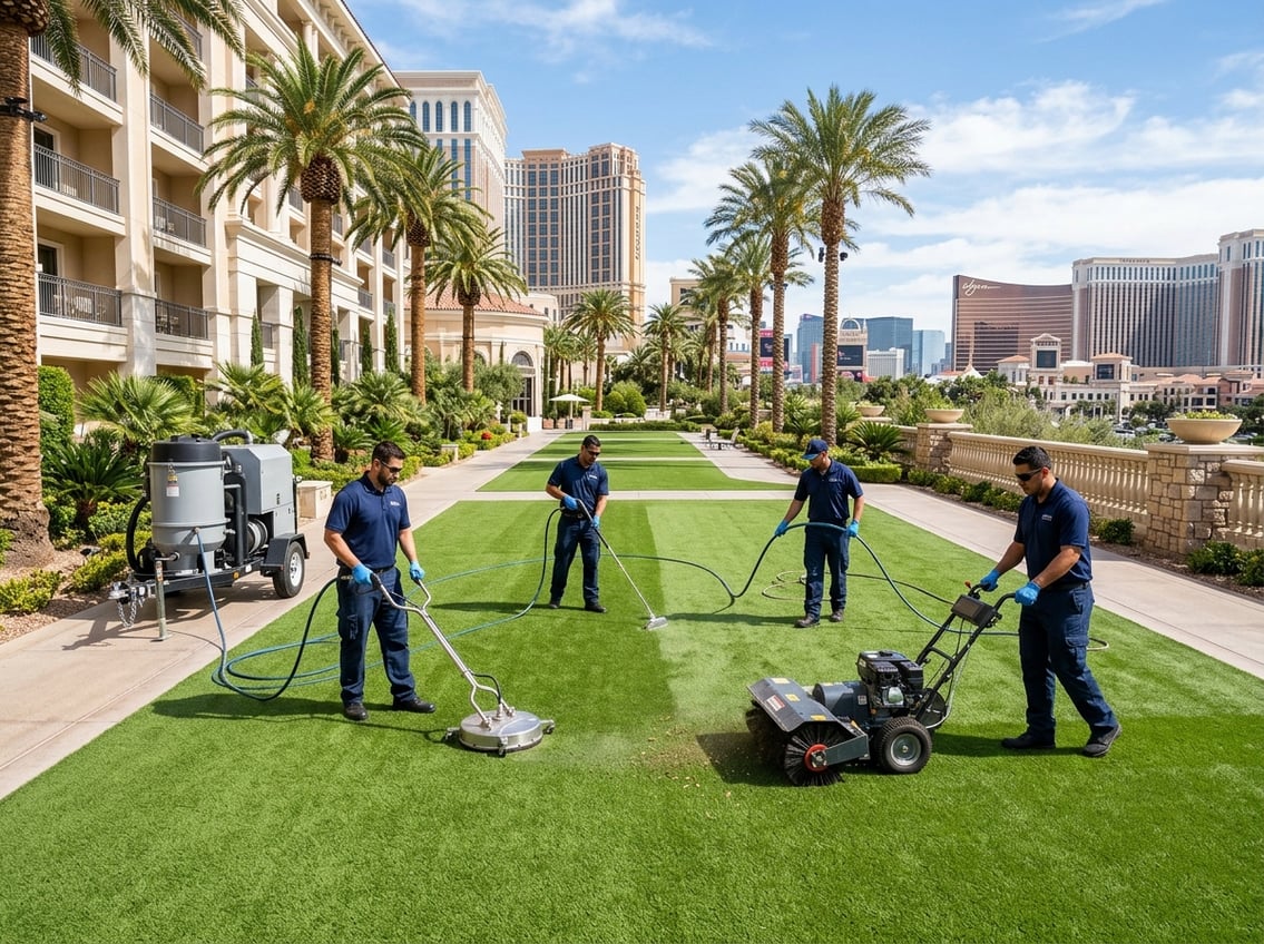 Workers cleaning commercial turf with specialized equipment outside a hotel or resort in Las Vegas.