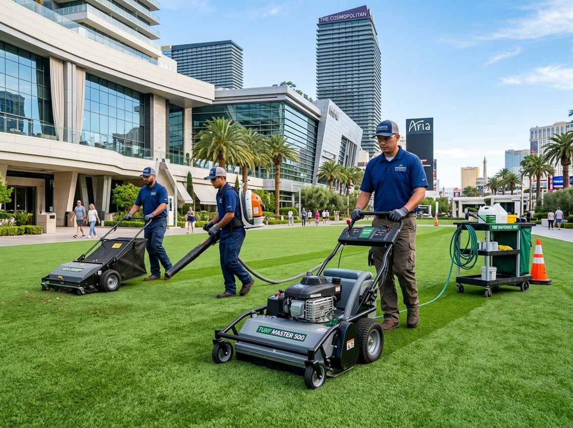 Workers cleaning turf with specialized equipment on a green lawn near hotel and resort buildings.