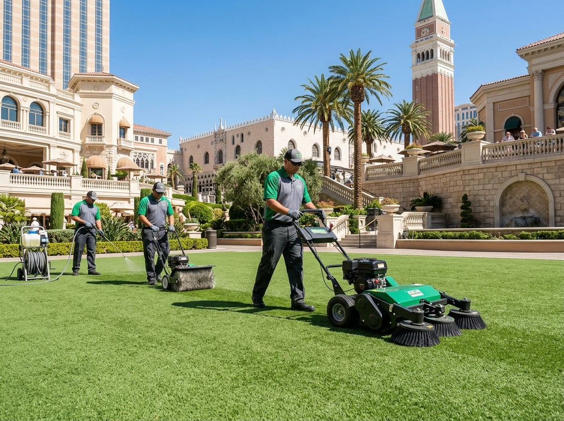 Workers cleaning and maintaining a green lawn with specialized equipment at a hotel or resort.