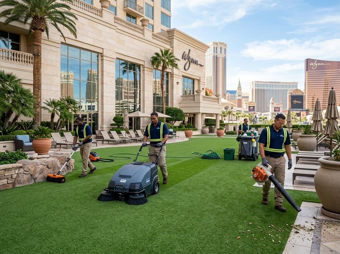 Workers cleaning artificial turf outside a hotel or resort using specialized equipment in a sunny outdoor setting.