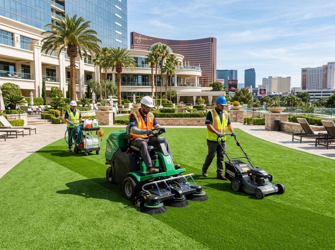 Workers in safety gear cleaning turf with equipment on a green lawn outside a hotel or resort.
