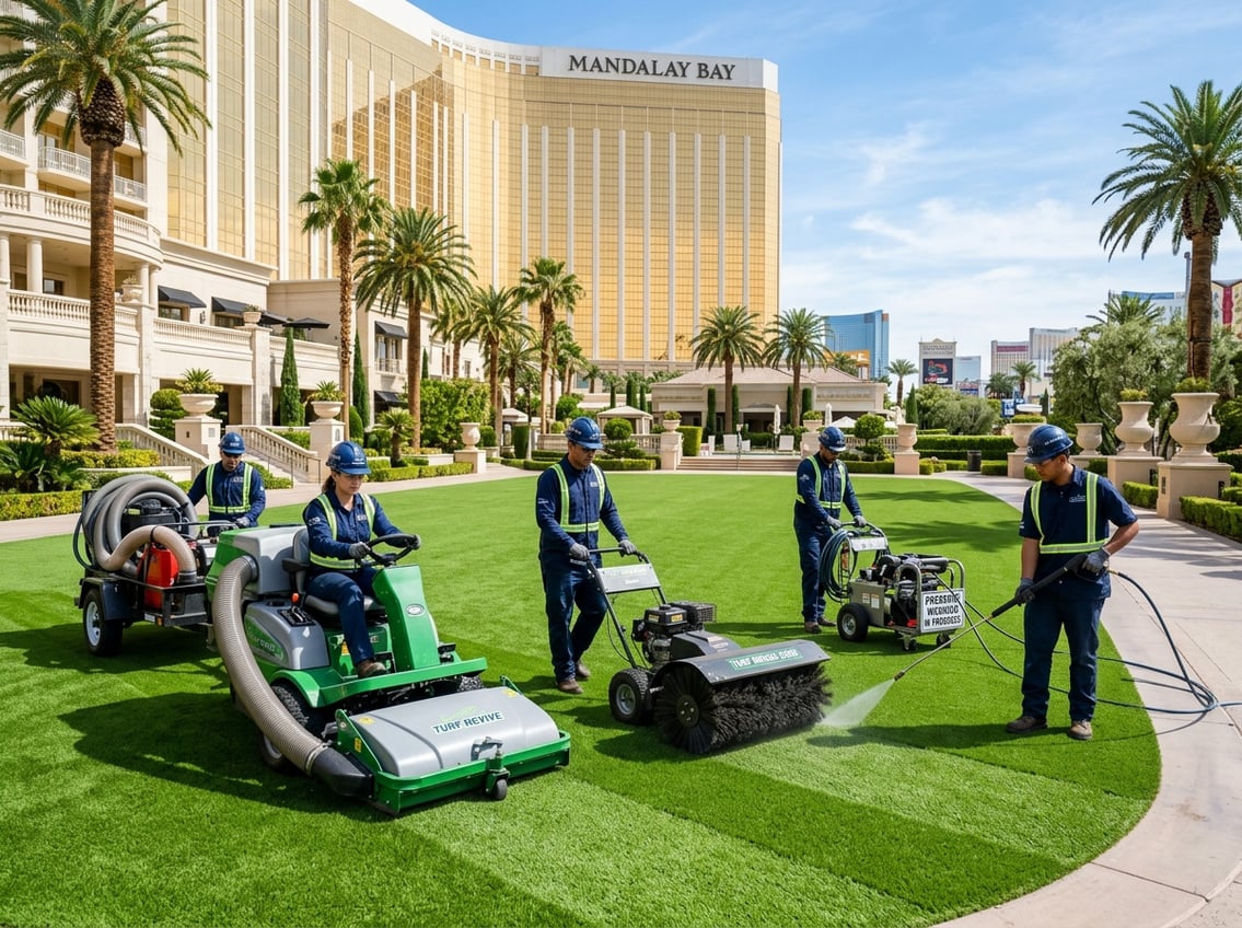 Workers cleaning green turf with specialized equipment outside a hotel in Las Vegas under clear skies.