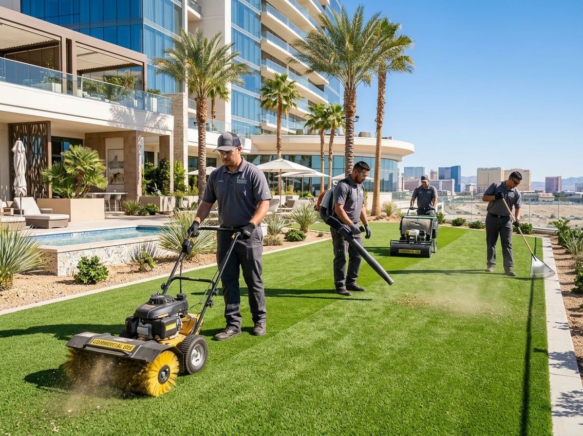Workers cleaning artificial turf outside a Las Vegas hotel with specialized equipment on a sunny day.