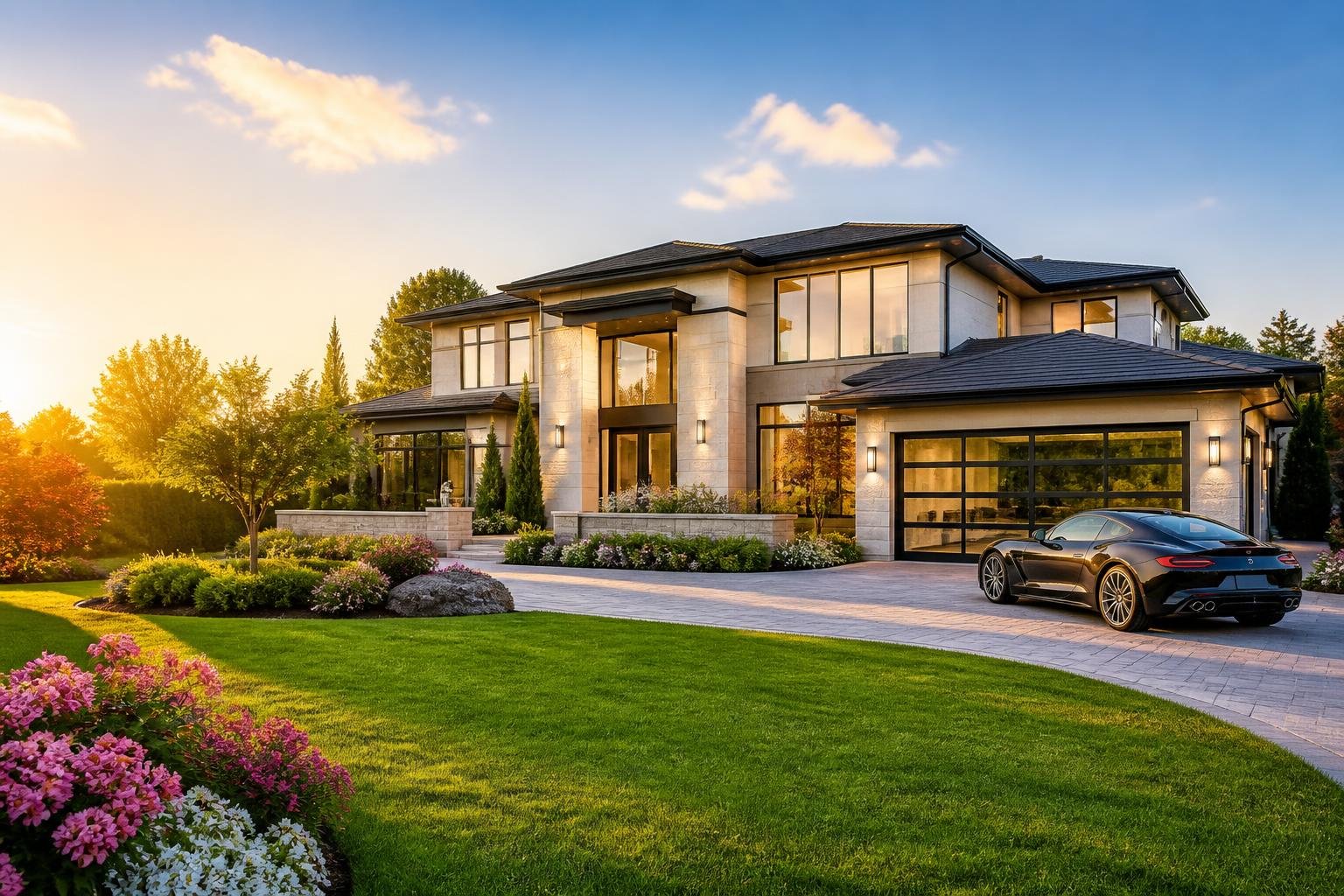 A modern luxury house with large windows, a green lawn, and a luxury car parked in the driveway under a clear sky.