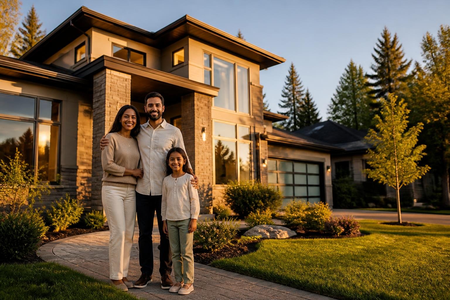 A modern suburban home with a manicured lawn and a smiling family standing confidently near the entrance.
