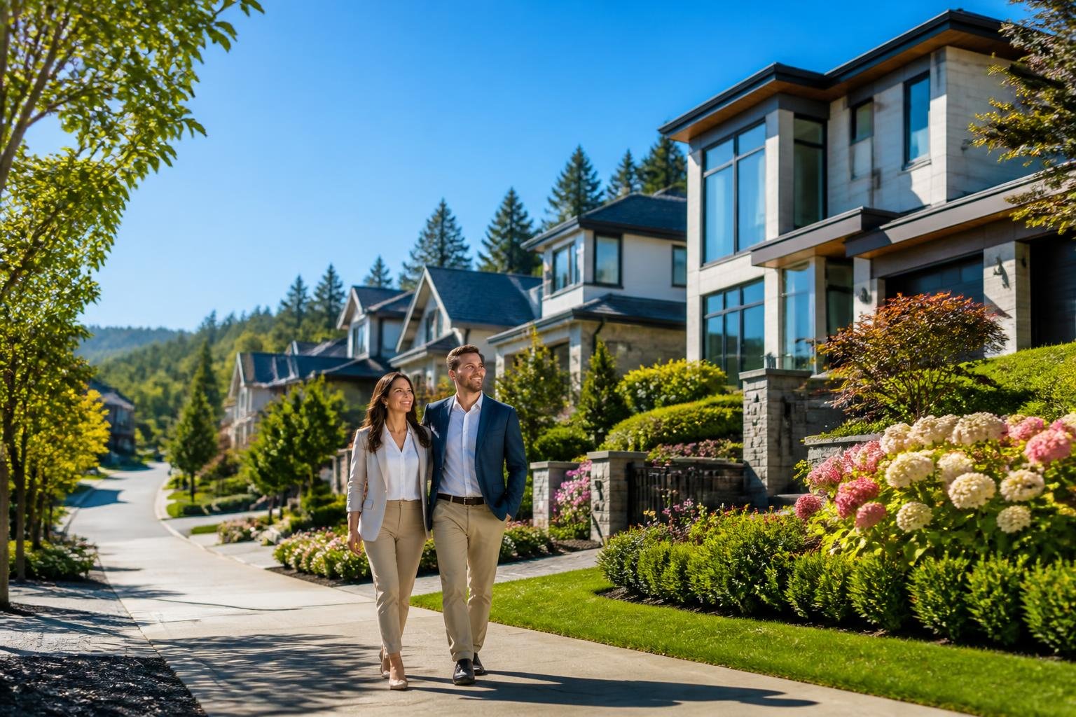 A modern upscale neighborhood with elegant homes, trees, and a couple walking on the street.