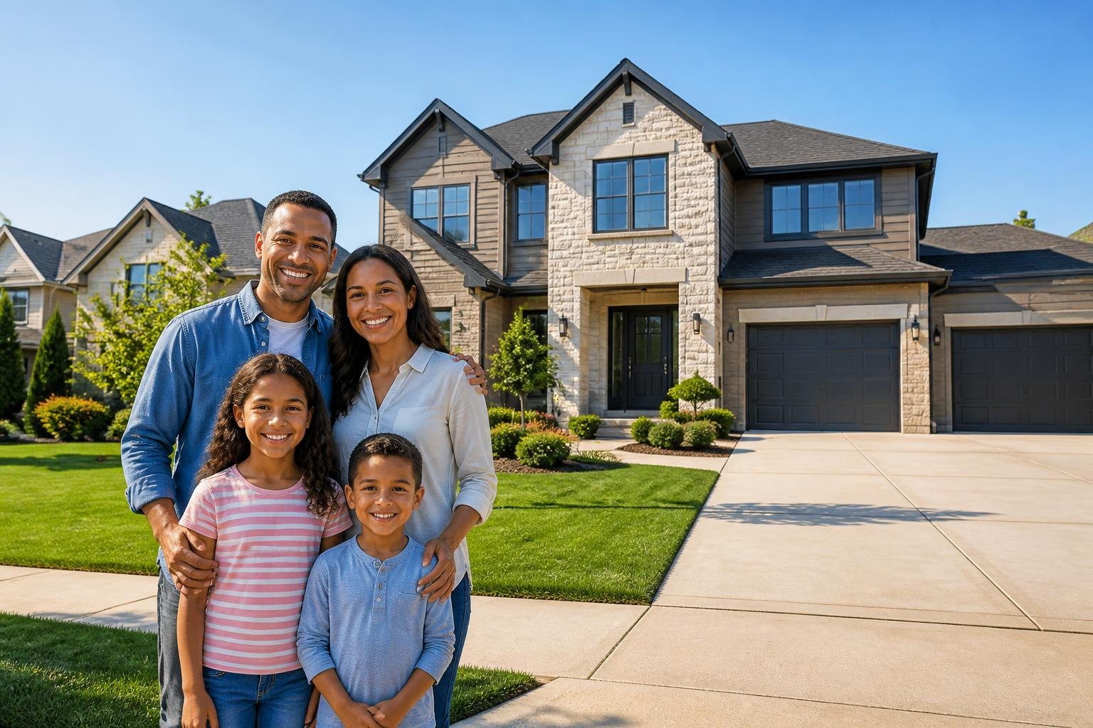A smiling family of four standing in front of a large, elegant suburban home with a well-kept lawn in a quiet neighborhood.
