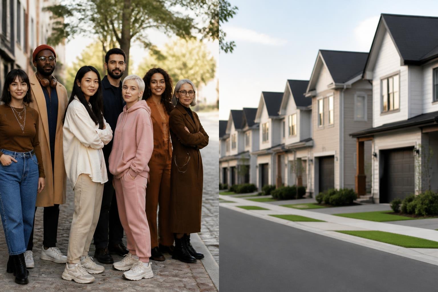 A split scene showing diverse people on one side and modern stylish homes on the other, illustrating a contrast between personal identity and home appearance.