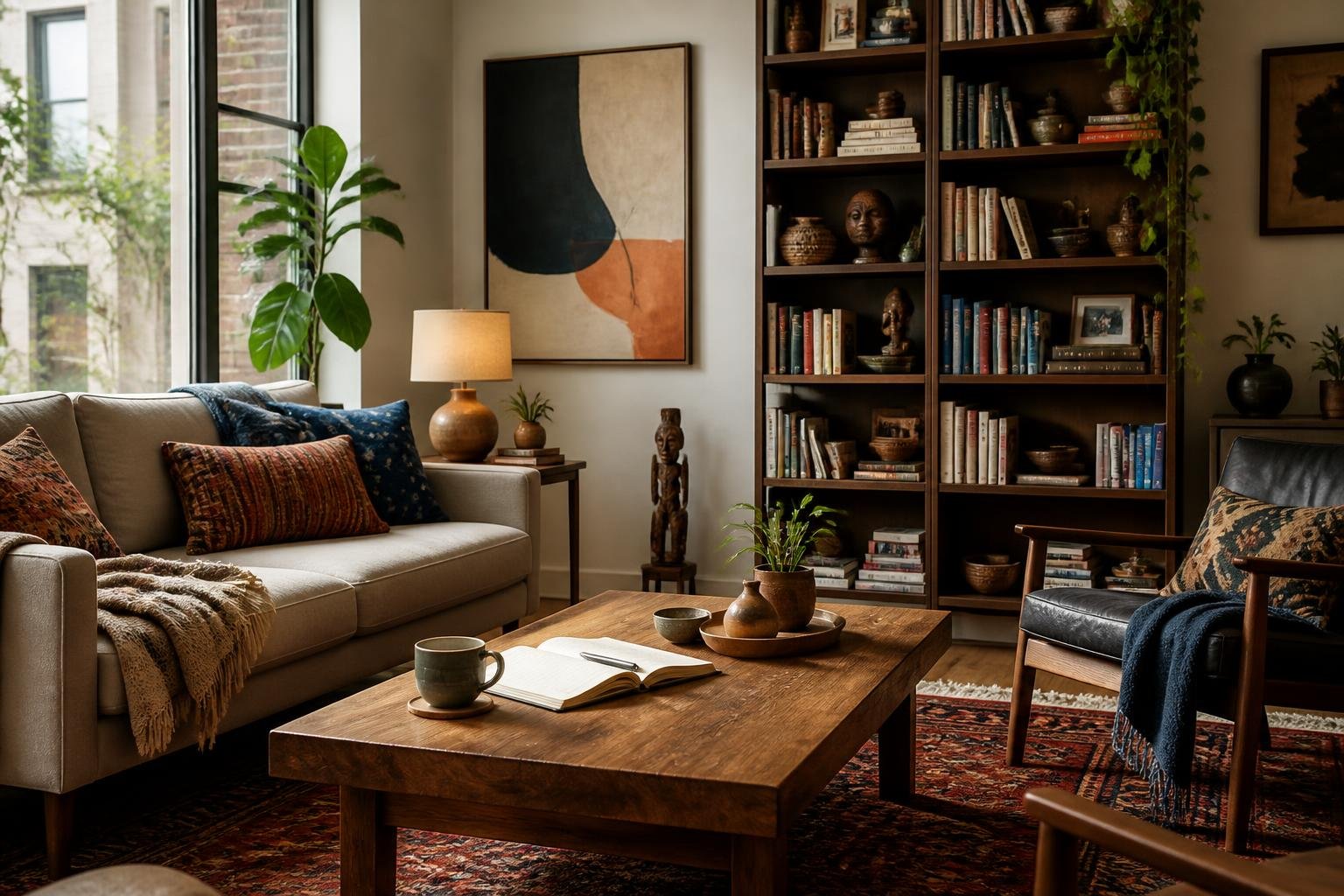 A modern living room with a cozy seating area, bookshelves, indoor plants, and personal decorative items.