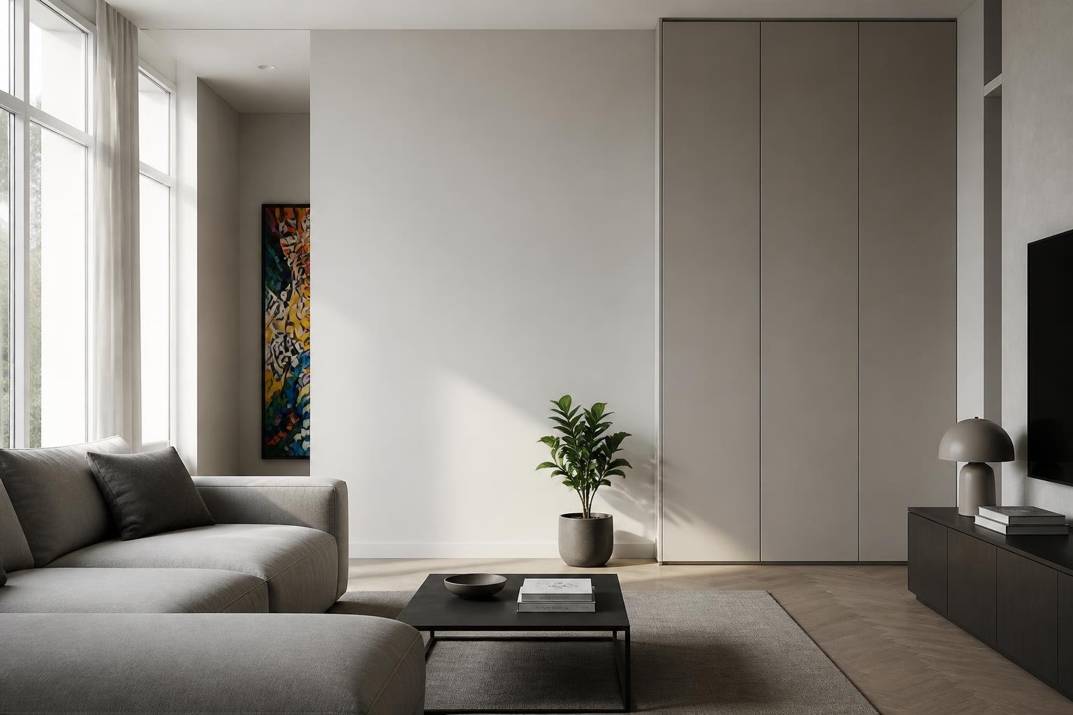 A modern living room with neutral colors and plain furniture, showing subtle hints of hidden personal touches like a colorful artwork behind a wall and a small indoor plant.