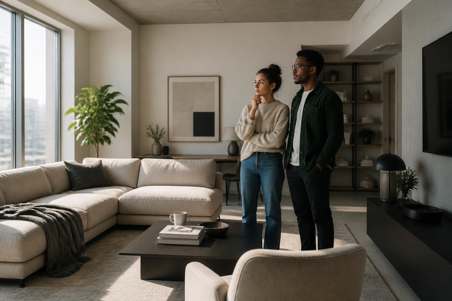A person looking thoughtfully at a modern living room with minimalist furniture and personal items scattered around.