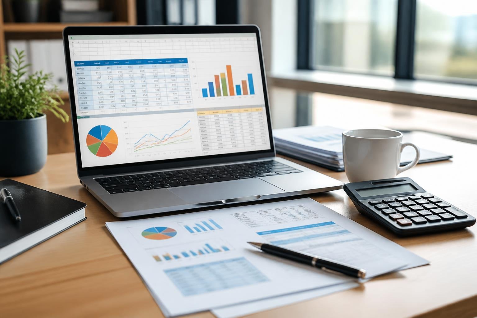 Ein moderner Schreibtisch mit einem Laptop, auf dem eine Excel-Tabelle mit Finanzdaten angezeigt wird, daneben ein Taschenrechner, ein Stift und eine Kaffeetasse.