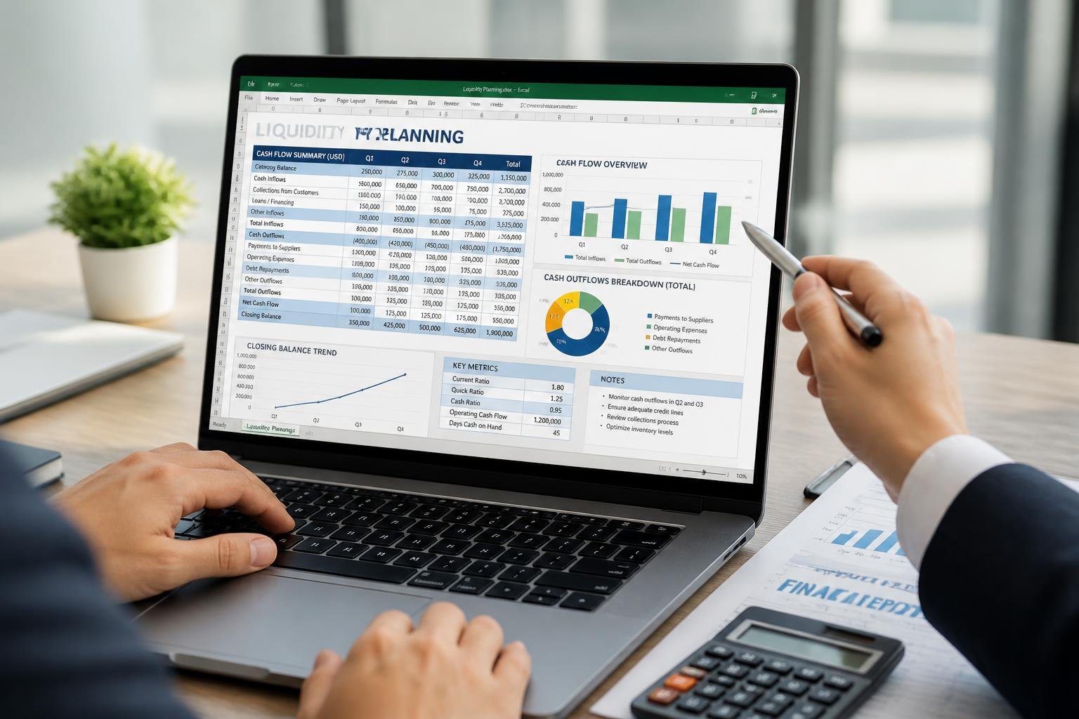 Arbeitsplatz mit Laptop, der eine Excel-Tabelle zur Liquiditätsplanung zeigt, umgeben von Finanzdokumenten und einem Taschenrechner.