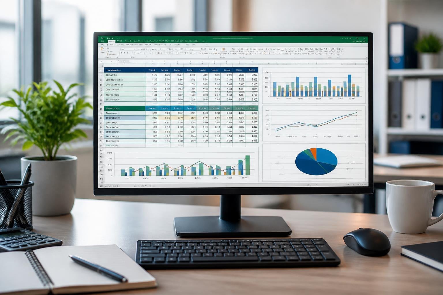 Ein moderner Schreibtisch mit einem Computerbildschirm, auf dem eine Excel-Tabelle mit Finanzdaten zu sehen ist, umgeben von Büroutensilien.