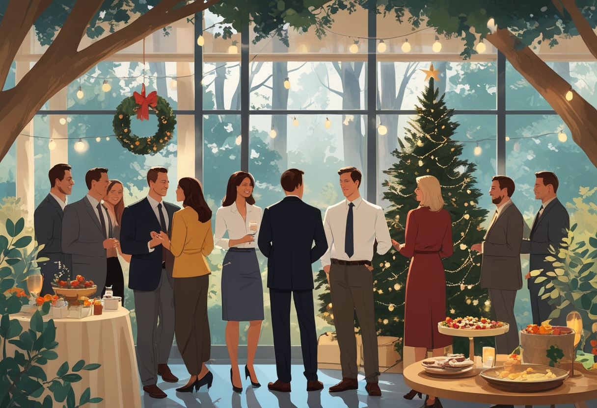 A group of professionals enjoying a festive corporate holiday party in a decorated event space with large windows showing trees outside.