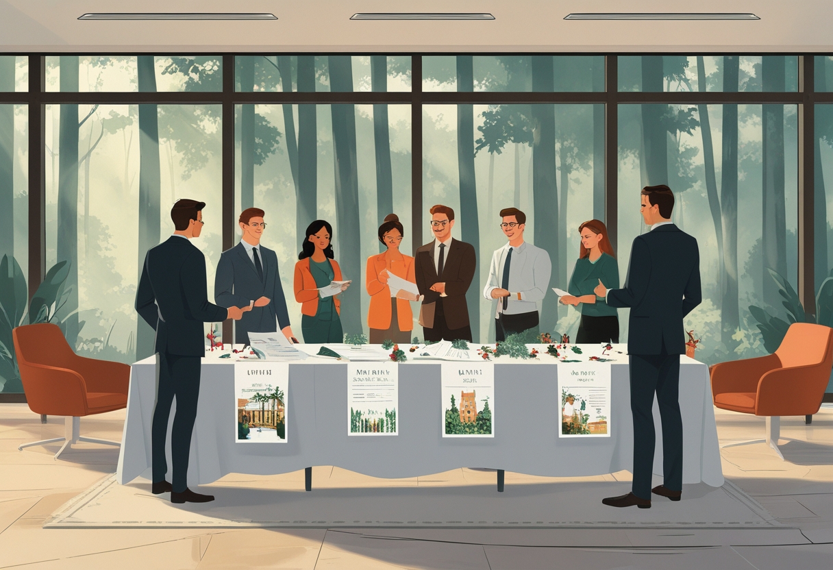 A group of professionals planning a corporate holiday party around a table with brochures, in a meeting room overlooking a green woodland area.