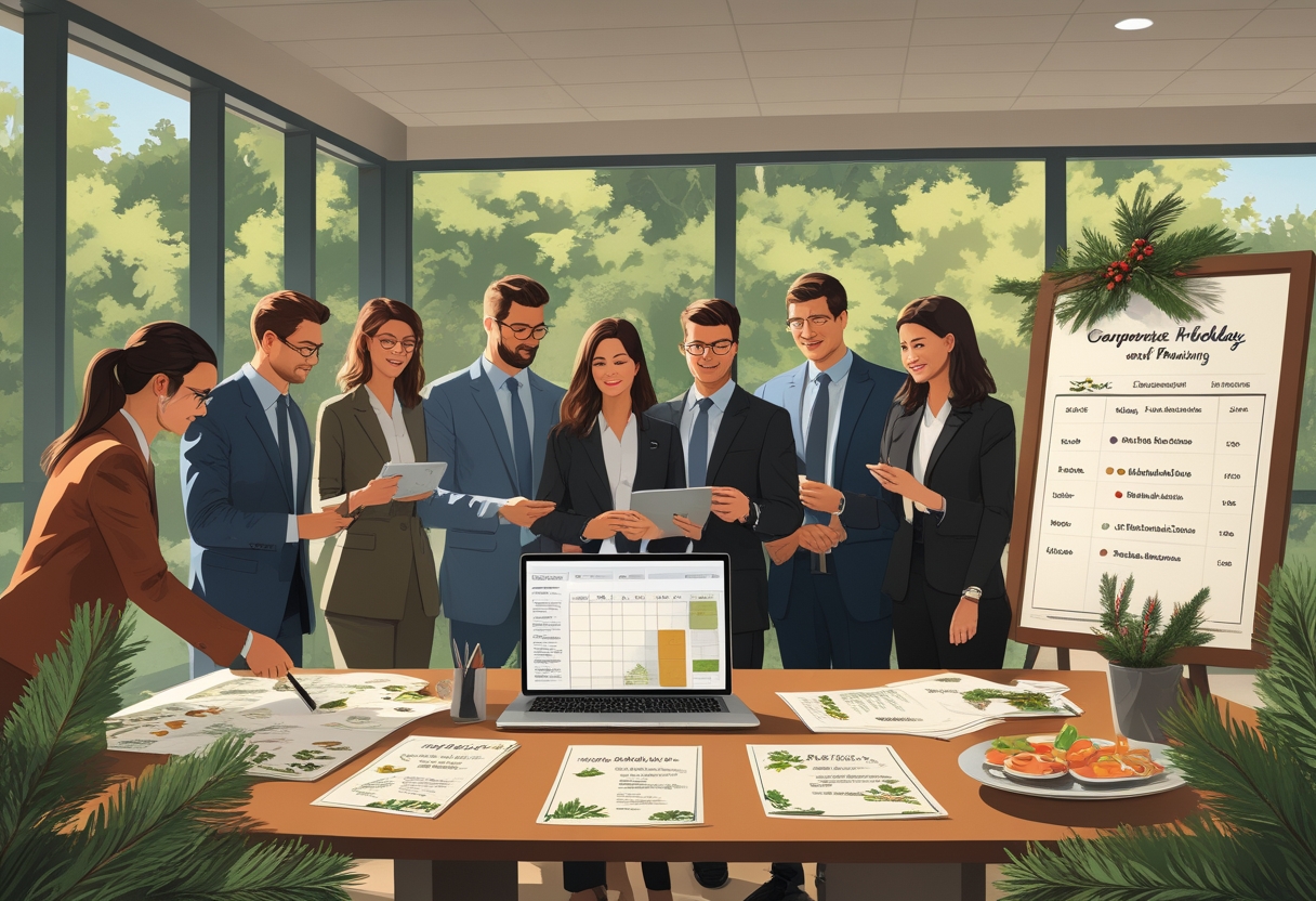 Business professionals planning a corporate holiday party around a table with catering samples and entertainment materials in an office with large windows showing trees outside.