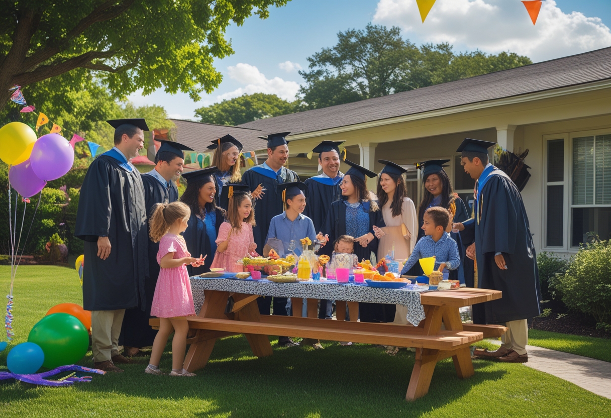 Family members celebrating a graduation party outdoors with decorations, food, and graduates wearing caps and gowns.