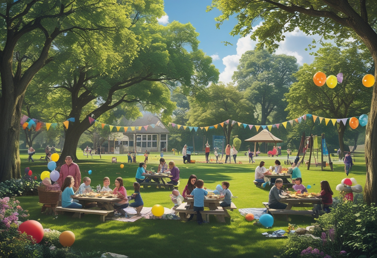Families celebrating a graduation party outdoors in a green park with trees, picnic tables, children playing, and festive decorations.