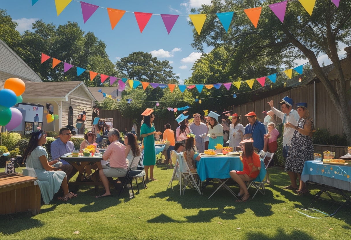 Families celebrating a graduation party outdoors with decorations, graduates in caps and gowns, children playing, and people enjoying food and conversation.