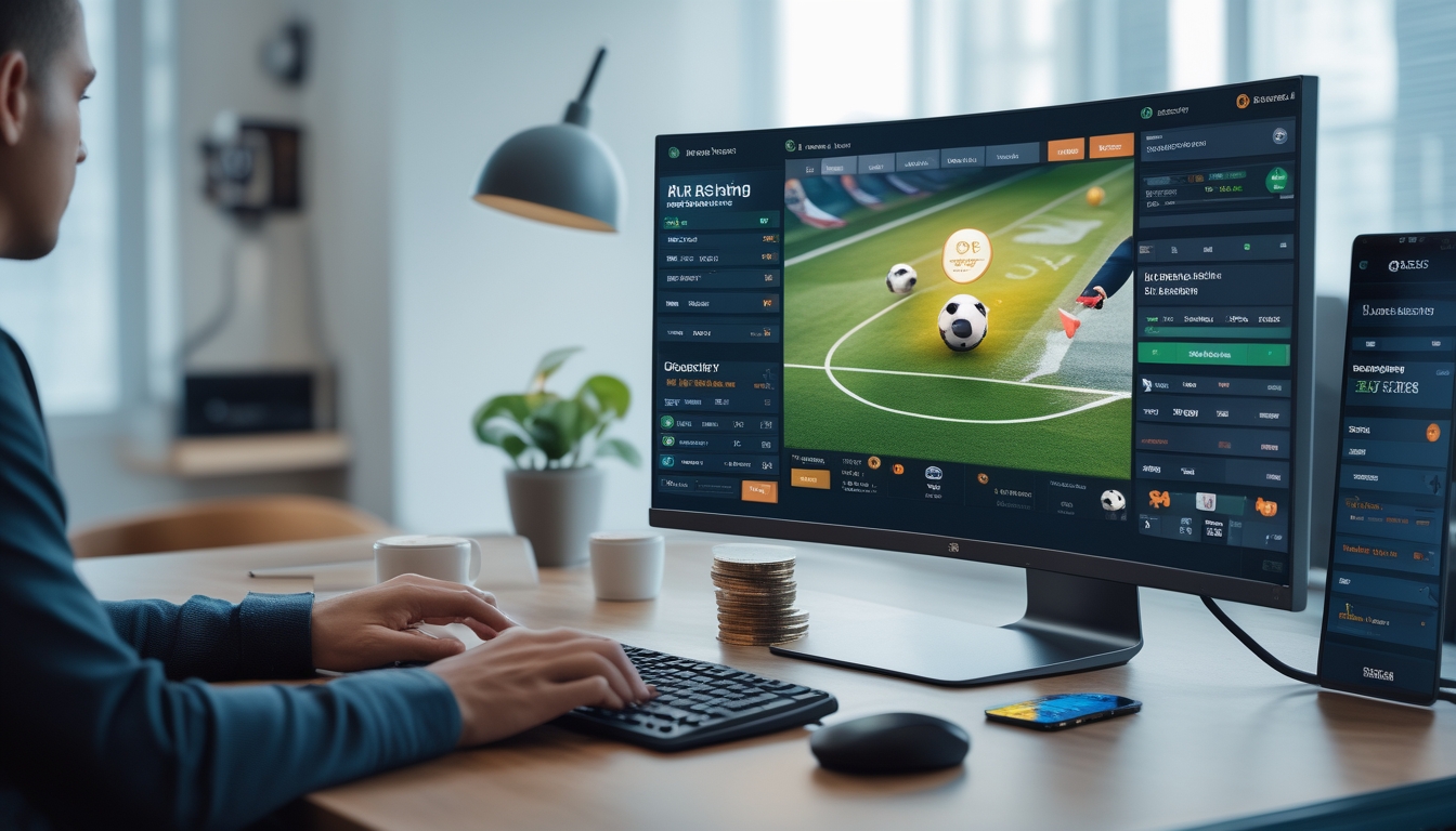 Seorang pengguna berinteraksi dengan komputer yang menampilkan antarmuka taruhan bola online dengan latar kantor modern.