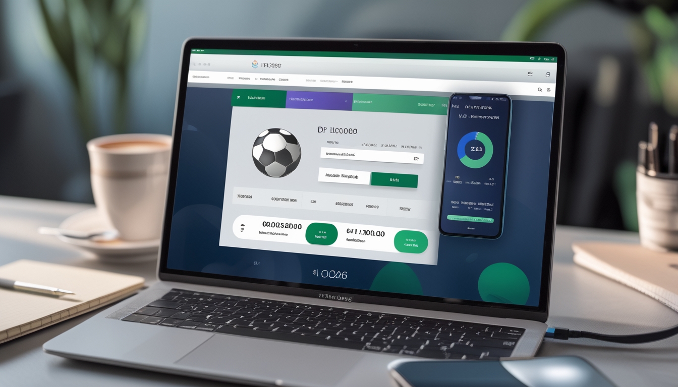 Meja kerja modern dengan laptop dan ponsel menampilkan situs taruhan olahraga online dan konfirmasi deposit minimal.