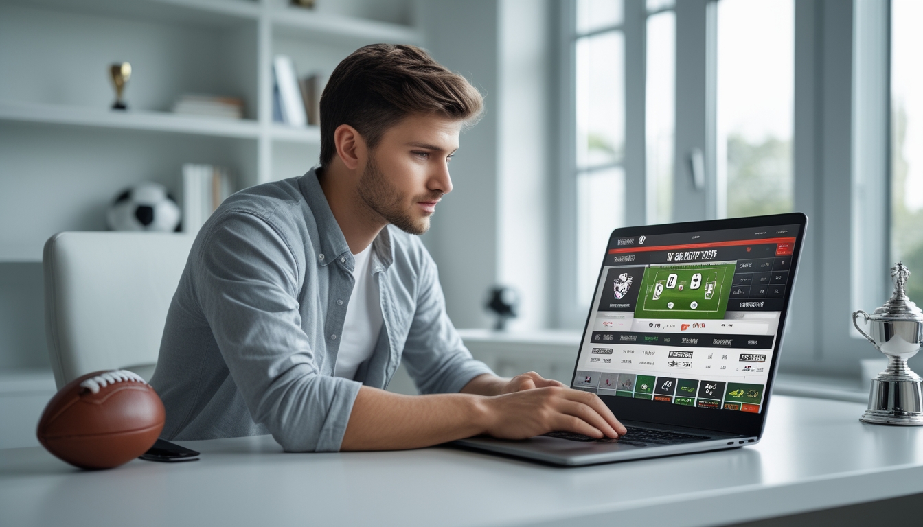 Seorang pria muda duduk di meja dengan laptop, fokus melihat situs taruhan bola online di ruang kerja yang terang dan rapi.