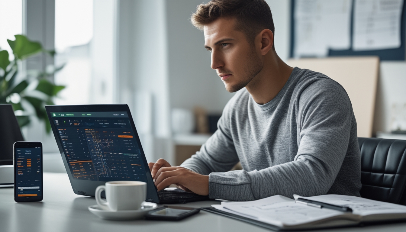 Seorang pria muda duduk di meja dengan laptop dan ponsel, fokus melihat data taruhan olahraga online.