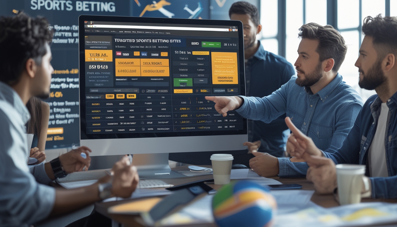 Sekelompok orang sedang berdiskusi di kantor dengan layar komputer yang menampilkan data dan grafik terkait situs bandar bola terpercaya.