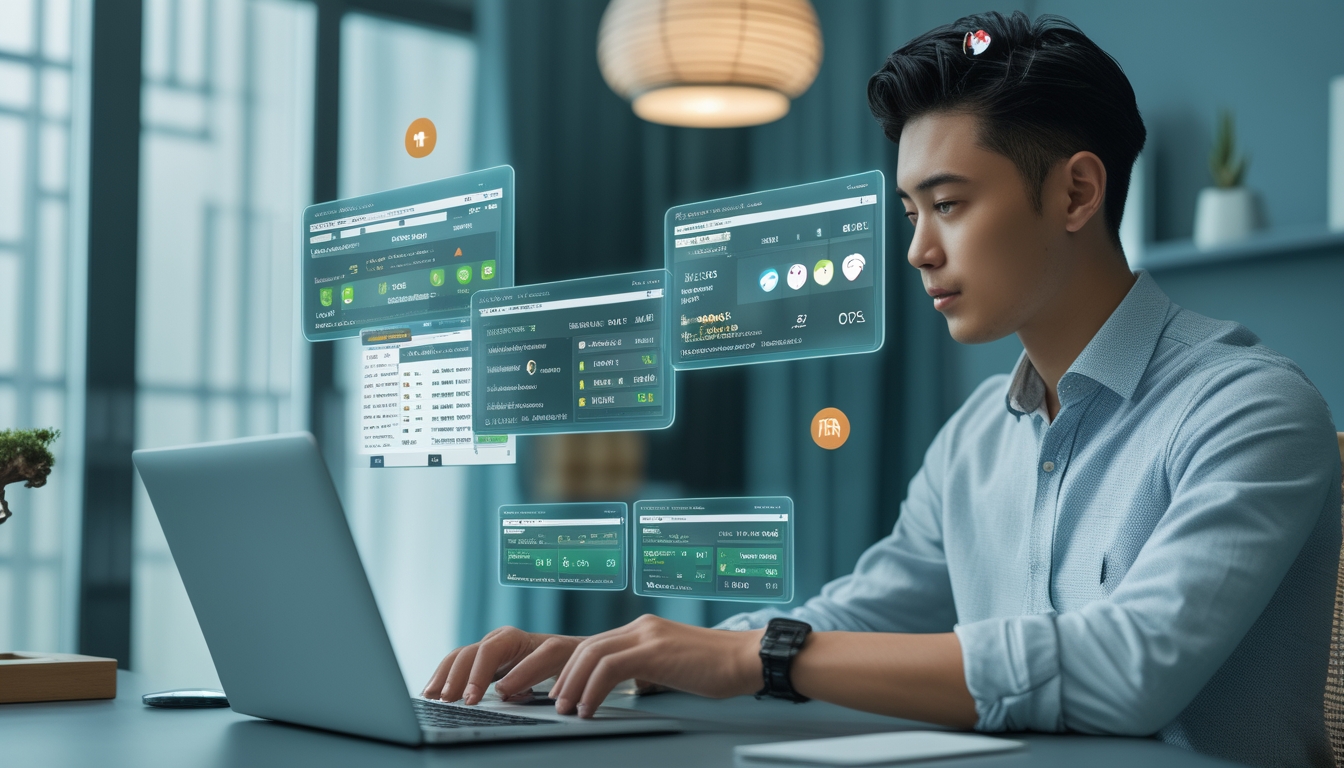 Seorang pria Asia menggunakan laptop dan ponsel di ruang kerja modern dengan tampilan pertandingan sepak bola dan ikon keamanan digital di sekitarnya.