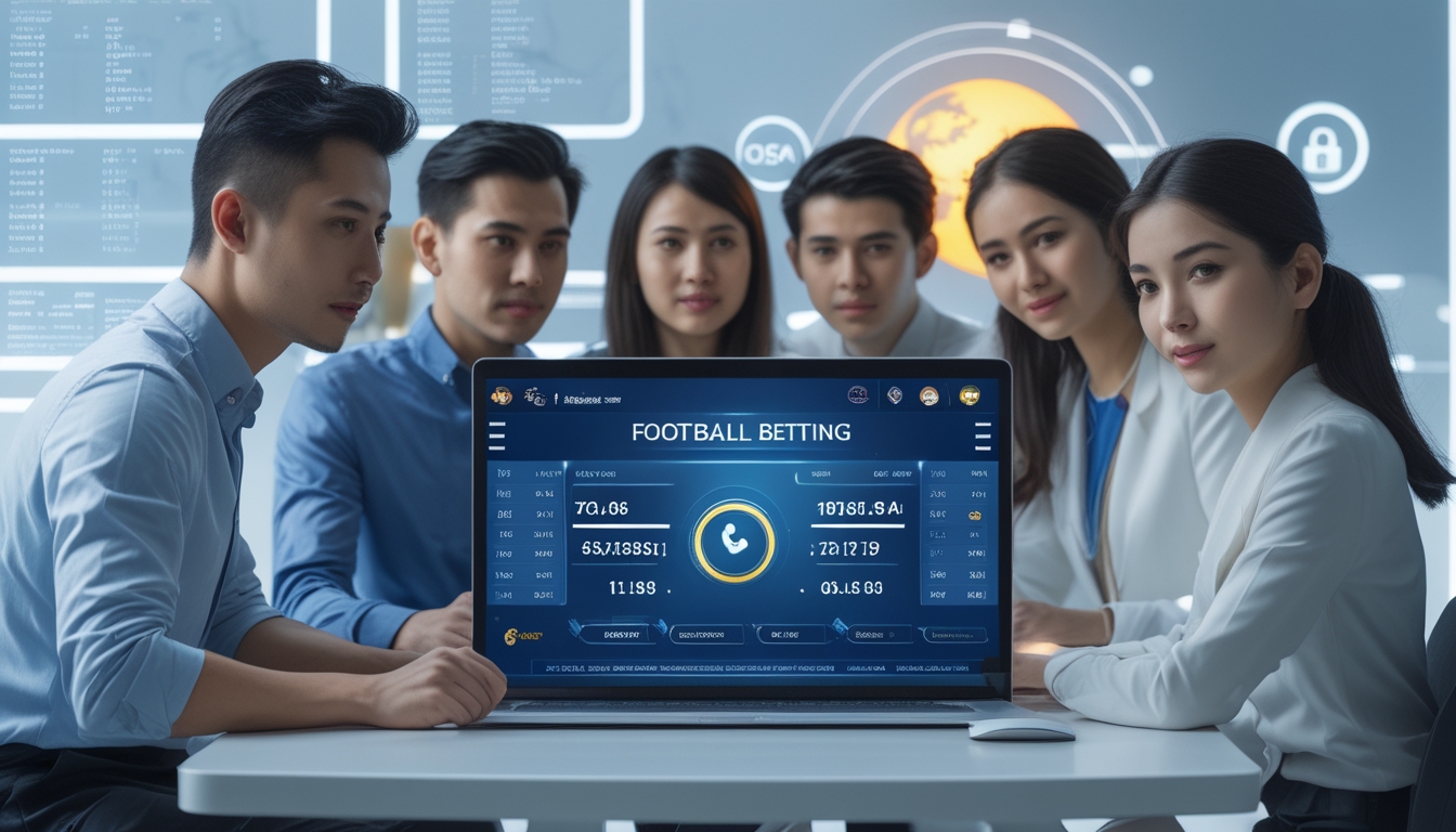 Sekelompok profesional Asia sedang melihat layar digital dengan data pertandingan sepak bola dan simbol keamanan di latar belakang.