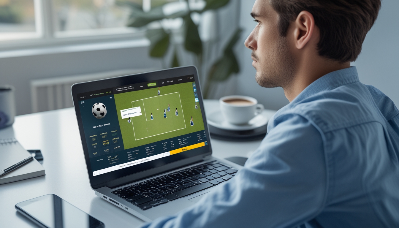 Seorang pria muda duduk di depan laptop yang menampilkan situs taruhan olahraga, tampak fokus dan berhati-hati saat bermain bandar bola online.