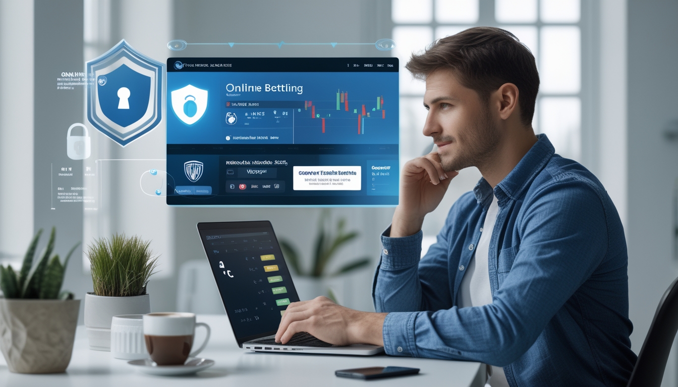 Seorang pria muda duduk di meja dengan laptop, fokus menggunakan situs bandar bola online yang aman di ruang kerja rumah yang terang dan rapi.