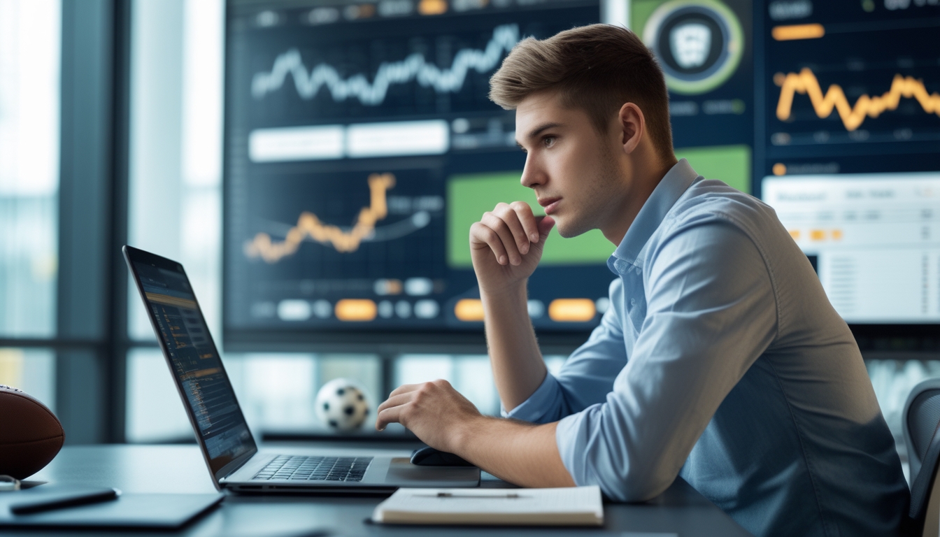 Seorang pria muda duduk di meja dengan laptop dan grafik taruhan sepak bola di layar, tampak fokus dan sedang merencanakan strategi.