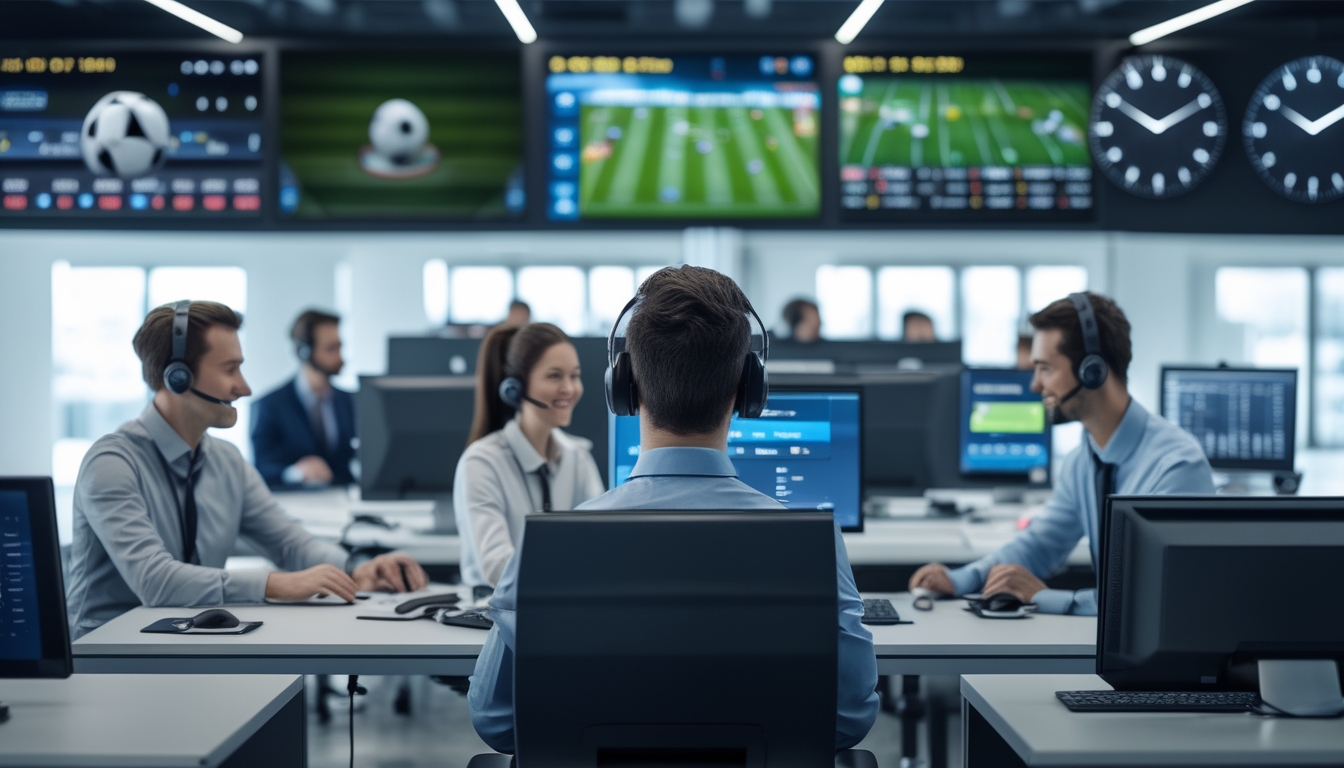 Tim layanan pelanggan yang ramah bekerja di kantor modern dengan komputer dan layar yang menampilkan pertandingan sepak bola dan informasi taruhan.