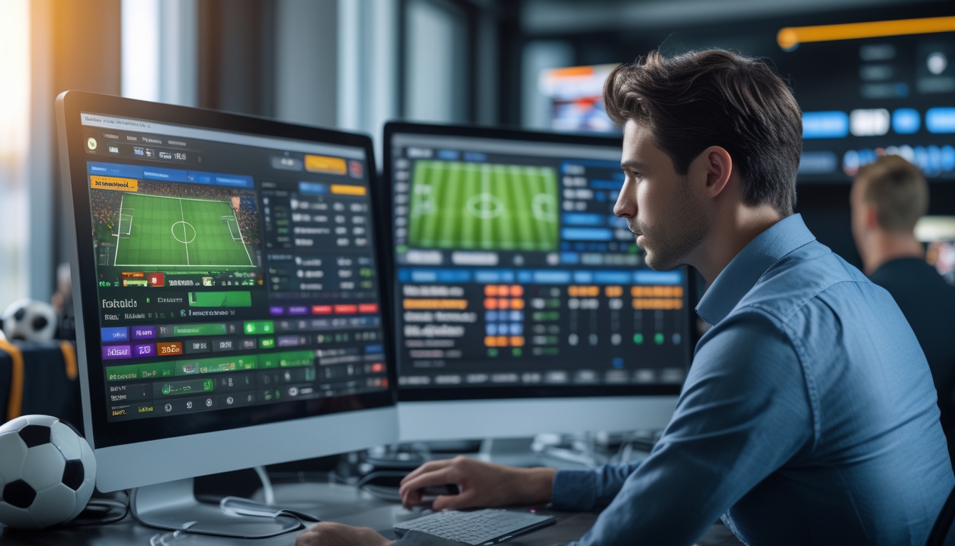 Seorang pria di depan beberapa layar komputer yang menampilkan pertandingan sepak bola langsung dan data taruhan.