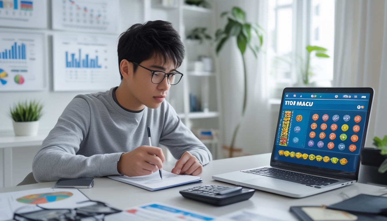 Seorang pemula sedang belajar strategi bermain Toto Macau di depan laptop di ruang belajar yang terang dan rapi.