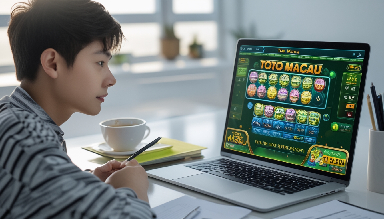 Seorang pemula sedang belajar bermain Toto Macau dengan laptop di meja kerja yang rapi dan terang.