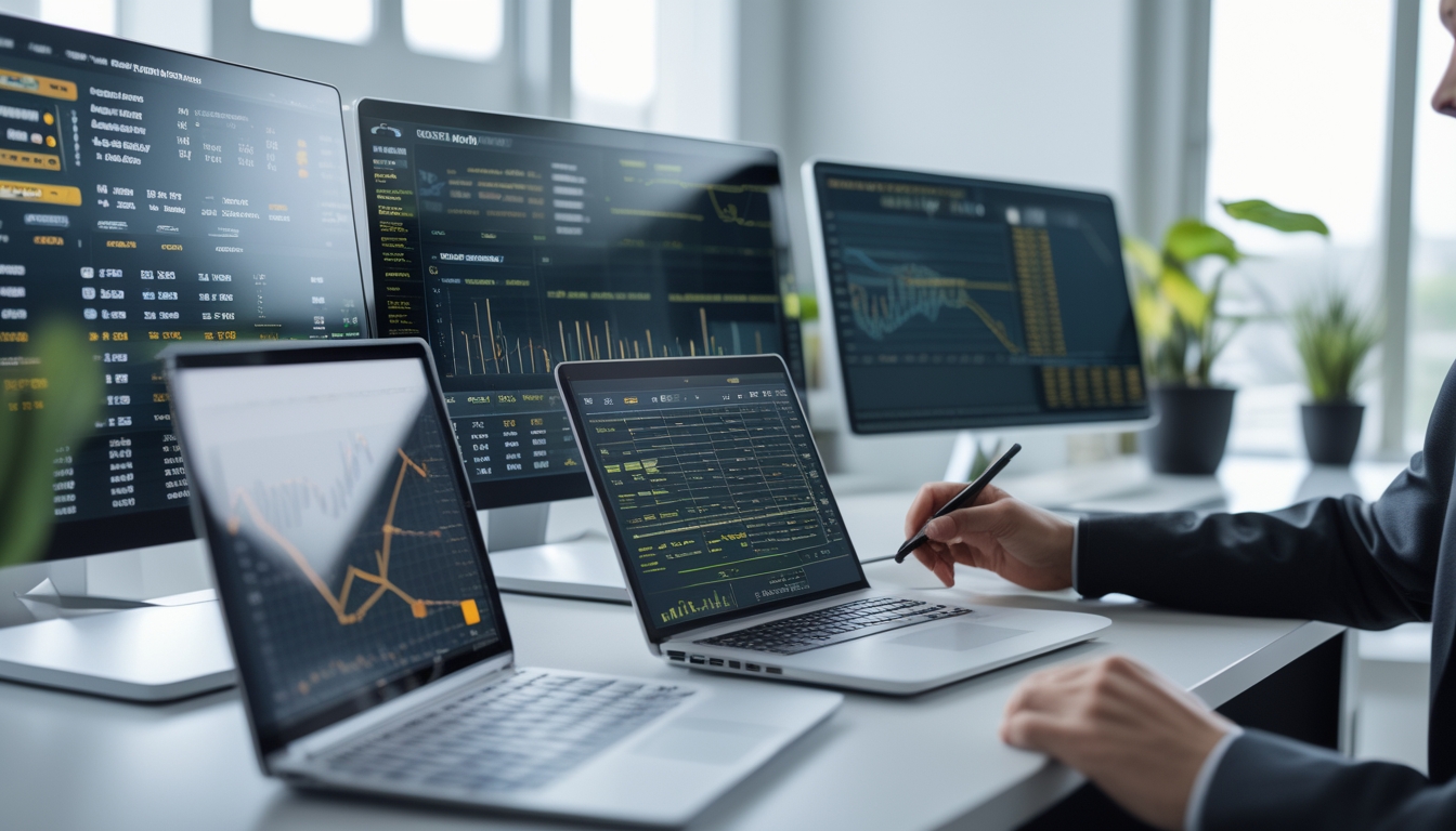 Seseorang sedang menganalisis data angka pada layar komputer di ruang kerja modern.