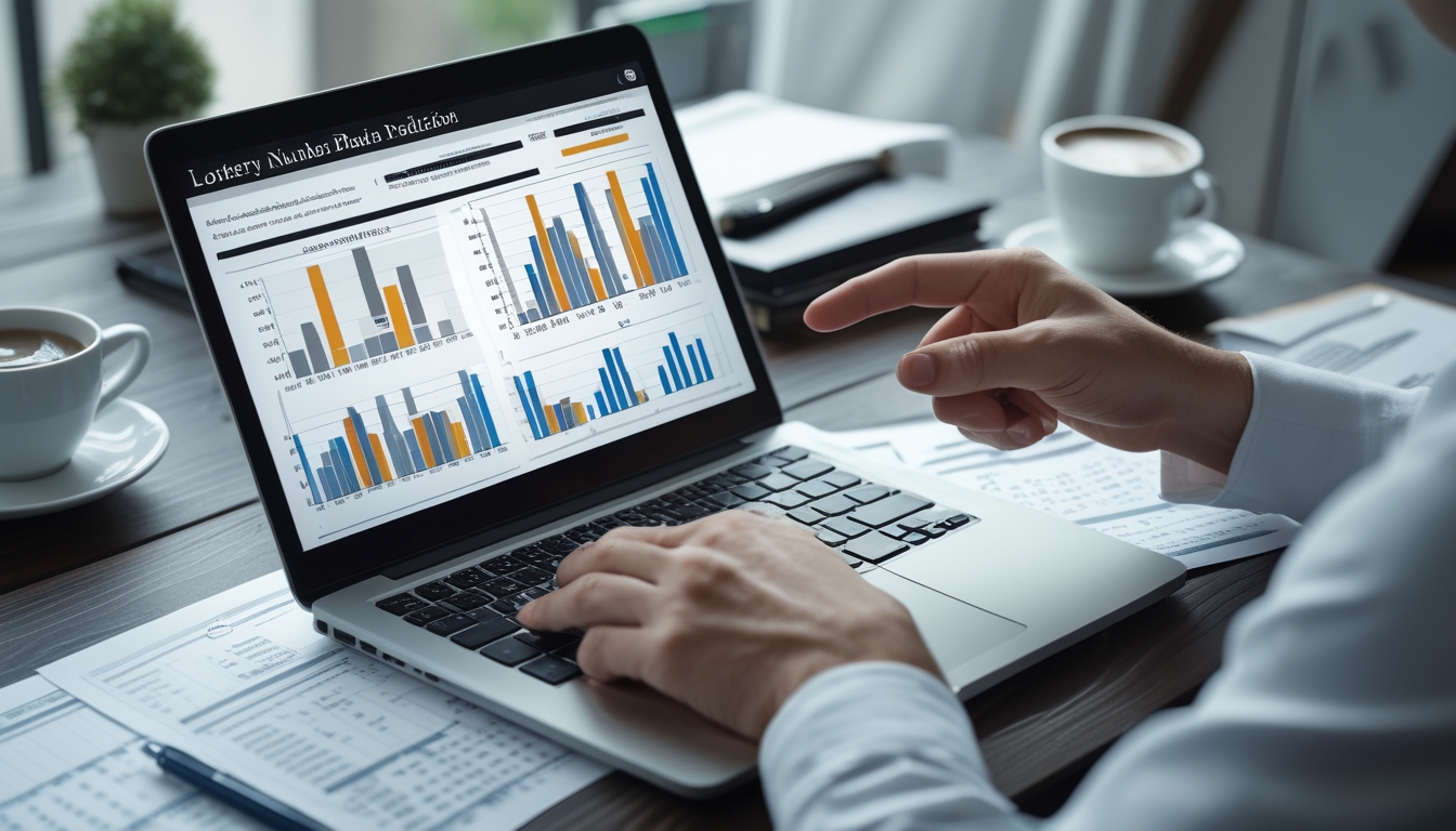 Meja kerja dengan laptop yang menampilkan grafik dan data angka, serta tangan menunjuk layar, menggambarkan analisis pola angka togel.