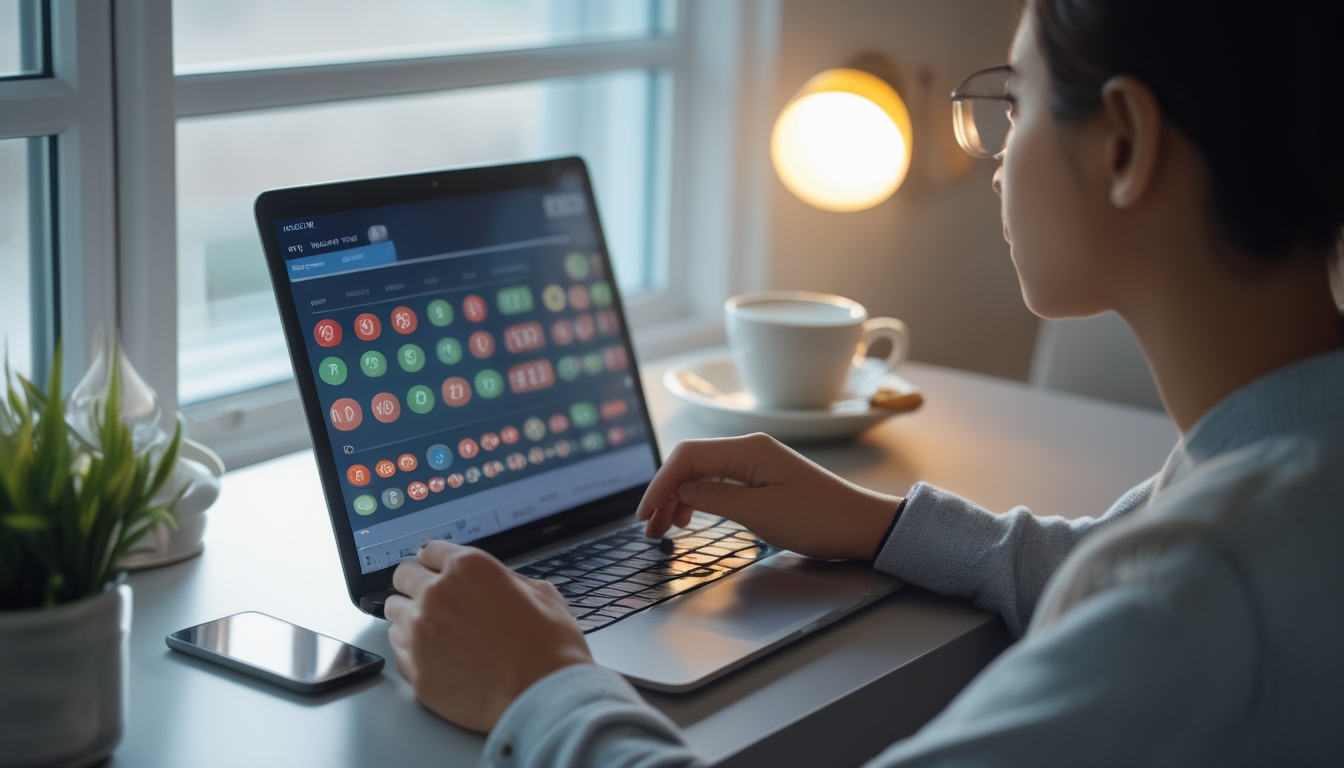 Seseorang sedang bermain lotere online di laptop di ruang kerja yang nyaman dan terang, dengan ekspresi fokus dan tenang.