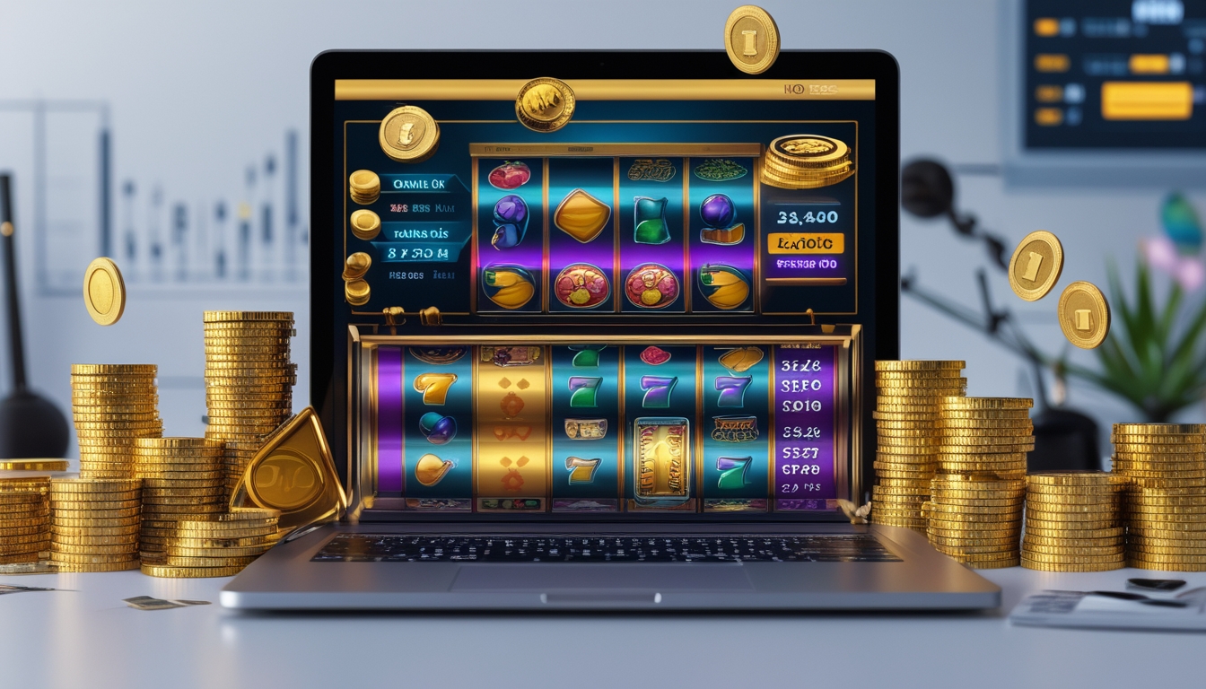 Seorang pengguna komputer dengan layar menampilkan permainan slot online yang penuh warna, dikelilingi oleh tumpukan chip poker dan koin emas di meja kerja yang rapi.