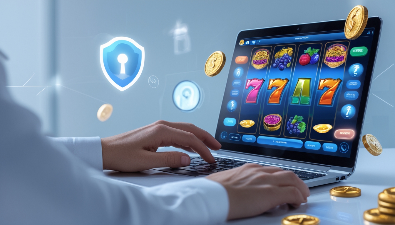 Seseorang menggunakan komputer dengan tampilan permainan slot online yang berwarna-warni dan simbol keamanan di latar belakang.