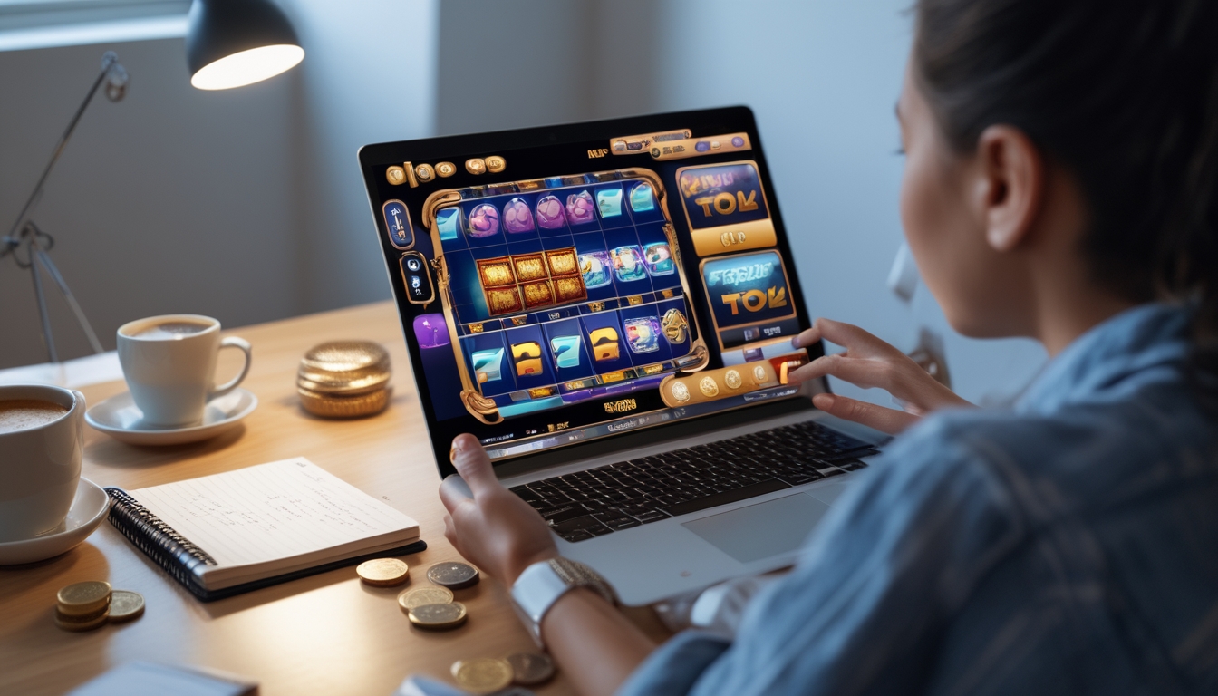 Seorang pemula bermain slot online di laptop dengan suasana ruangan yang nyaman dan meja dengan uang sedikit, kopi, dan buku catatan.