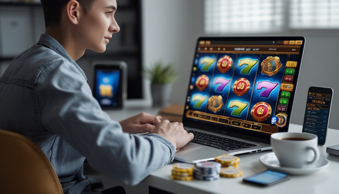 Seorang pemula sedang bermain slot online di laptop dengan suasana ruang kerja yang nyaman dan koin kecil di meja.