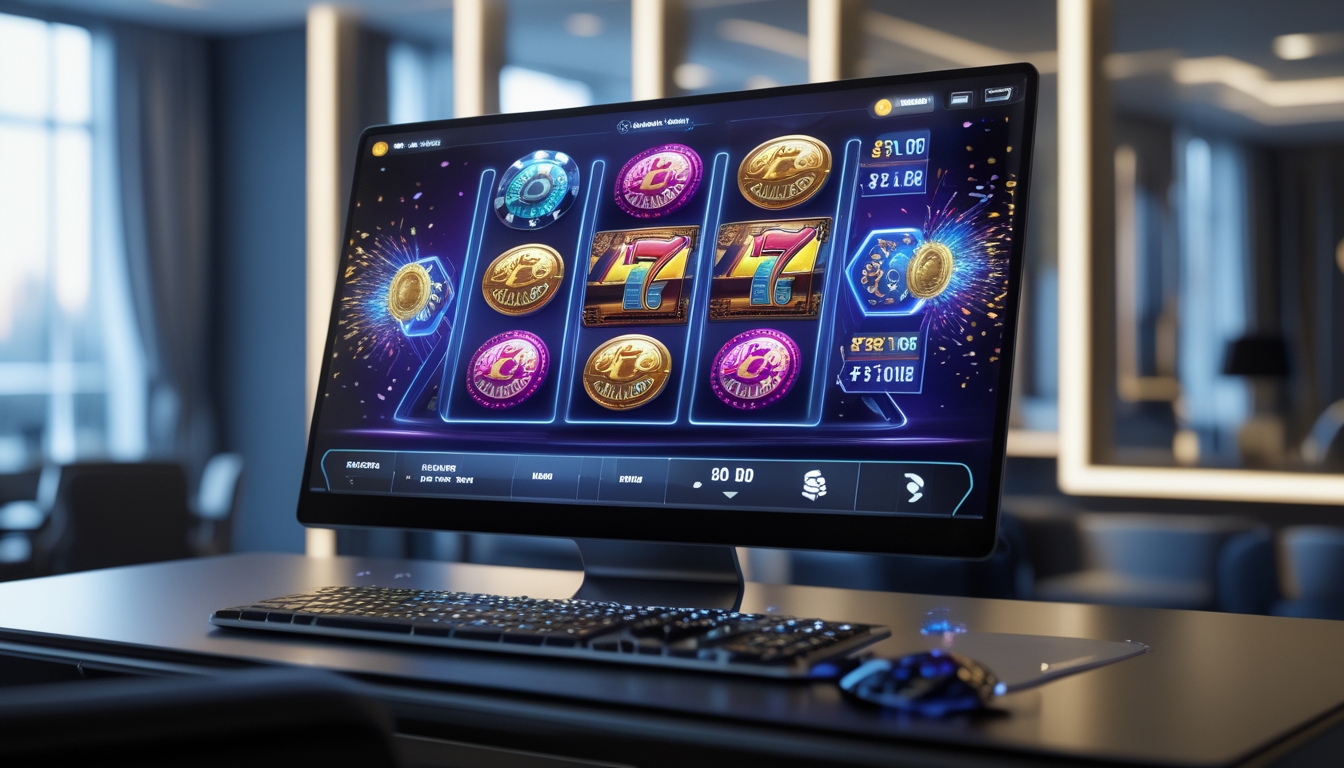 Sebuah layar komputer menampilkan permainan slot online dengan simbol jackpot dan efek perayaan di ruangan modern yang terang dan elegan.