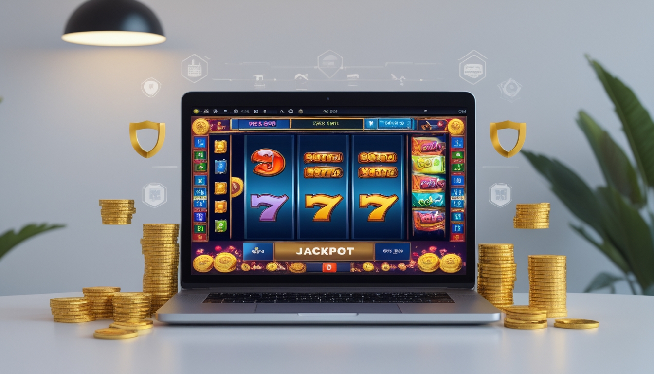 Sebuah komputer menampilkan permainan slot online dengan simbol jackpot dan koin emas di sekitarnya.
